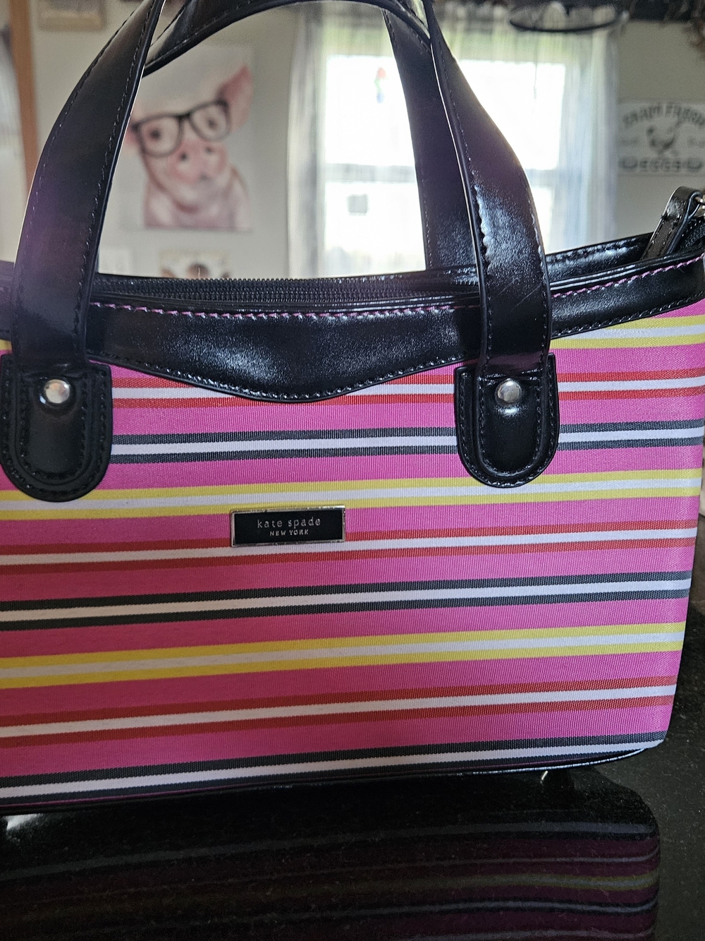 kate spade Pink Stripe Tote with Black Trim